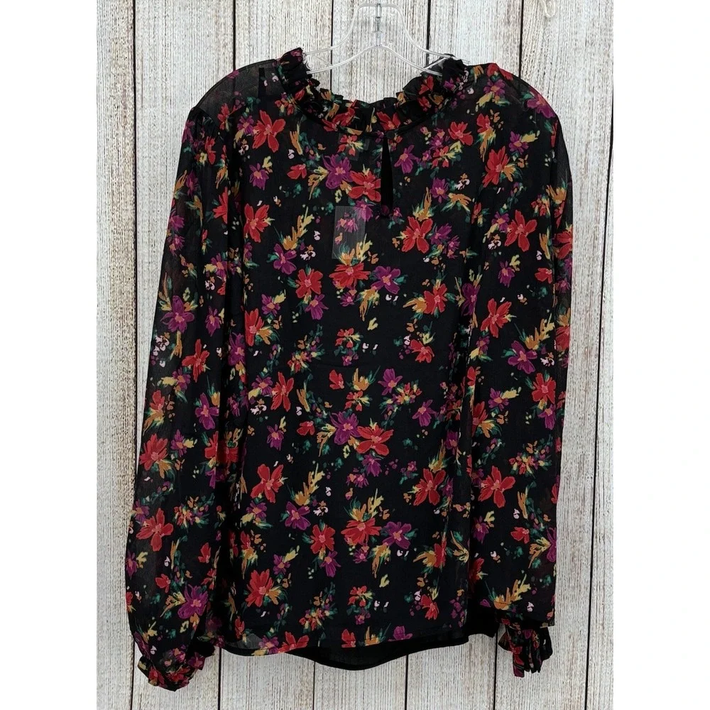 J Crew Floral Ruffle Neck Top Blouse Size 3X Black Multicolor Long‎ Sleeve NWT